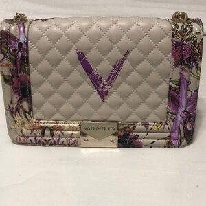 Valentino Quilted Floral Leather Shoulder Bag in Cream & Purple